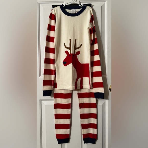 NWOT HANNA ANDERSSON 14 16 Org Cotton Striped Winter Deer Buck Long John Pajamas - Picture 1 of 6